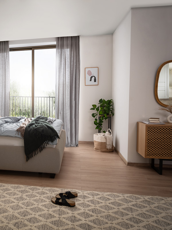 Pflanze im Schlafzimmer mit Bett LEPIDA Pflanze im Schlafzimmer mit Bett LEPIDA